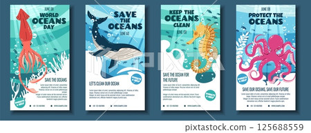World Oceans Day Social Media Story Templates. Octopus, Squid, Whale and Seahorse in Flat Design. Perfect for Ocean Conservation Posts, Diving Club Promos and Kids Educational Content. 125688559