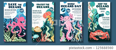 Social Media Story Templates.Tropical Fish, Jellyfish, Octopus, Crab and Axolotl in Flat Design. Perfect for Marine Conservation Posts, Aquarium Ads and Ocean-Themed Content. Vector Graphics 125688560