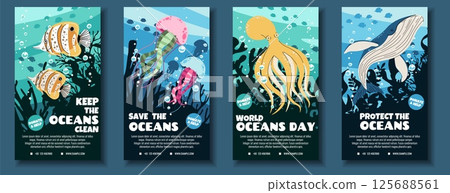 World Oceans Day Social Media Story Templates. Flat Design Butterflyfish, Whale, Octopus and Jellyfish on Ocean Background. Perfect for Eco-Tourism Promotions and Ocean Conservation Awareness. 125688561