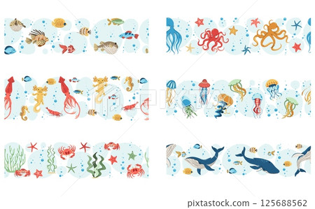 Seamless Marine Life Borders. Flat Design Underwater Creatures. Perfect for Ocean-Themed Decor, Educational Materials and Eco-Friendly Packaging. Repeatable Vector Patterns. 125688562