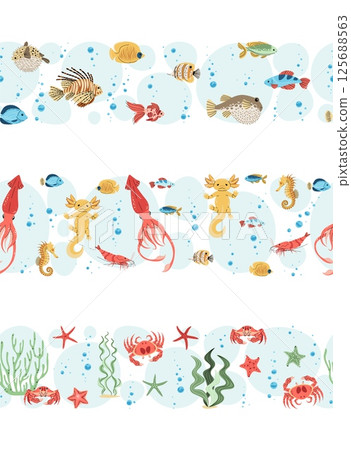Tropical Seamless Borders Set, Colorful Fish, axolotl, squid and Crab in Flat Design. Perfect for Marine-Themed Websites, Kids Room Decor and Ocean Party Invitations. Repeatable Vector Patterns. 125688563