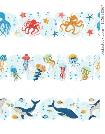Seamless Ocean Borders Set. Whales, Jellyfish and Octopuses in Flat Design. Perfect for Marine Conservation Websites, Kids Educational Materials and Underwater Party Decor. Repeatable Vector Patterns. 125688564