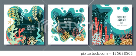 World Reef Day Square Banner Set. Vibrant Coral Reef and Seaweed Flat Design. Join the Reef Rescue Movement. Ideal for Social Media, Eco Postcards and Conservation Merchandise. Vector Illustrations. World Reef Day Square Banner Set. Vibrant Coral Reef and Seaweed Flat Design. Join the Reef Rescue Movement. Ideal for Social Media, Eco Postcards and Conservation Merchandise. Vector Illustrations. 125688565