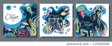 World Oceans Day Square Banner Set. Tropical Fish and Coral Reef Flat Design. Ideal for social media posts, educational printables and eco-friendly merchandise. Customizable flat vector designs. 125688566