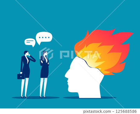 Business person with partner looking uneasily at a brain of fire, Anxiety and restlessness Business person with partner looking uneasily at a brain of fire, Anxiety and restlessness 125688586