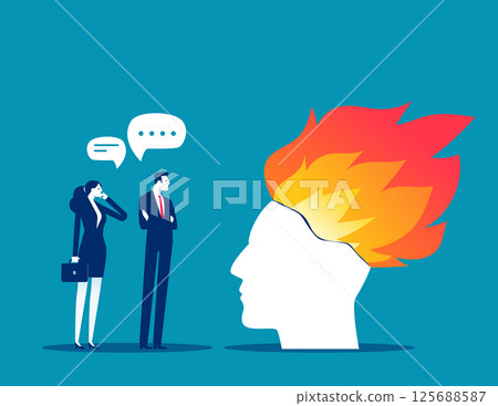 Business person with partner looking uneasily at a brain of fire, Anxiety and restlessness 125688587