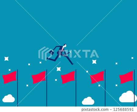 Businessman jumping from flag to flag with briefcase in hand, Career development and advancement 125688591