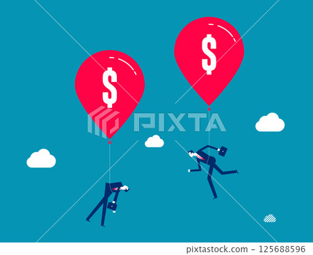 Business person pulled into the air by a balloon of bundled dollars, Hyperinflation Business person pulled into the air by a balloon of bundled dollars, Hyperinflation 125688596