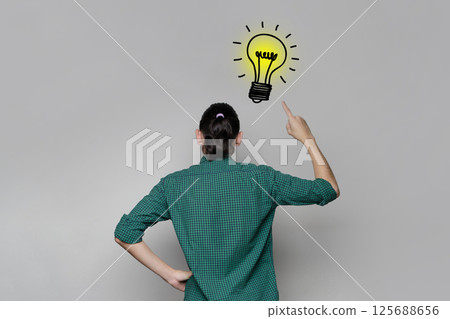 A woman is standing near a wall with a drawing of a yellow light bulb. Idea generating and thinking  125688656