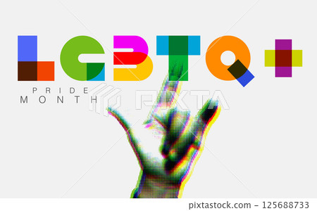 Pride Month , LGBTQ+ , banner Gay Pride Month, rainbow  color, Flat design ,hand, together, love sign, typography 125688733
