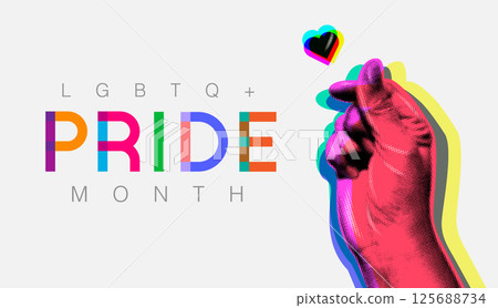 Pride Month , LGBTQ+ , banner Gay Pride Month, rainbow  color, Flat design ,hand, together, love sign, typography 125688734