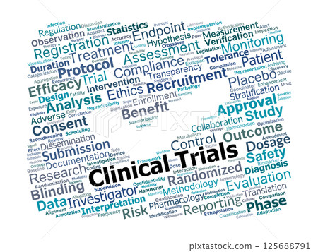 Clinical Trials Word Cloud. Key Terms and Concepts in Medical Research Overview 125688791