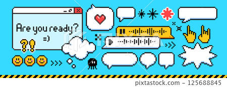 Pixel art speech bubbles and emoticon set Pixel art speech bubbles and emoticon set 125688845