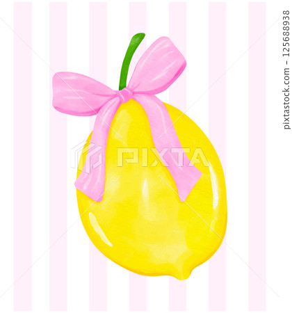 Coquette Lemon with Pink Ribbon Bow Watercolor on Preppy Background, Girly Summer Vintage wall art printable 125688938