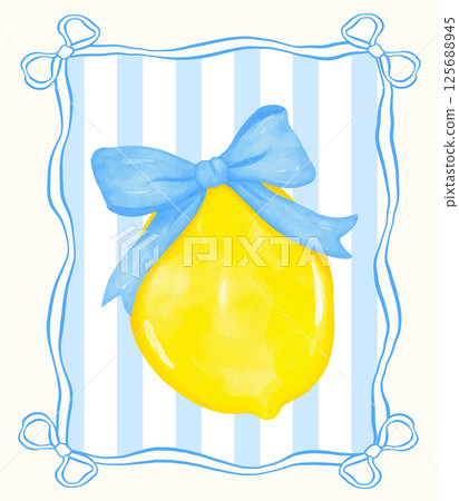 Preppy Coquette Lemon with Blue Bow Watercolor, Girly Summer Vintage wall art printable 125688945