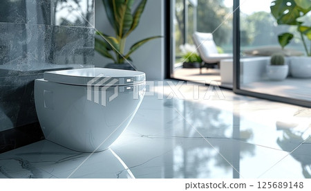 Interior design with plant, large window, toilet, glass cup in bathroom 125689148