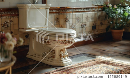 A white toilet sits next to a rug in a bathroom with hardwood flooring 125689149
