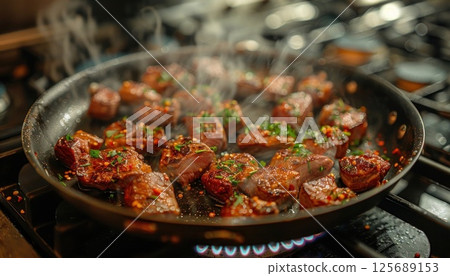 Meat sizzling in a frying pan on the stove, preparing a delicious dish 125689153