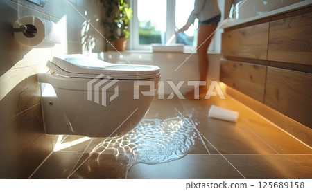 Woman in bathroom with leaking toilet, affecting building interior design Woman in bathroom with leaking toilet, affecting building interior design 125689158
