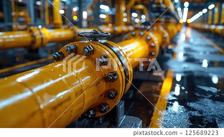 Yellow pipes interconnect in factory for mass production of auto parts Yellow pipes interconnect in factory for mass production of auto parts 125689223