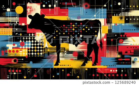 a silhouette of a cow in a colorful background 125689240