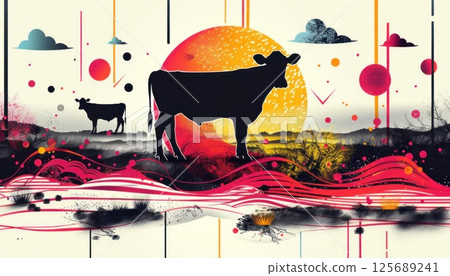 Artistic painting of a cow in front of a bold red sun 125689241