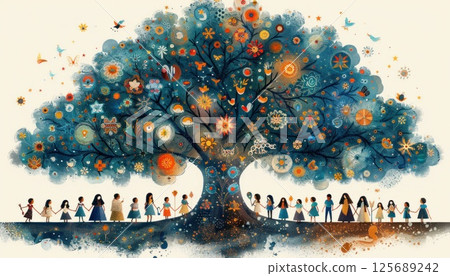 A group of people enjoying a fun event under a blooming tree 125689242