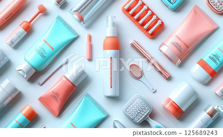 Various cosmetic products are displayed on the table 125689243