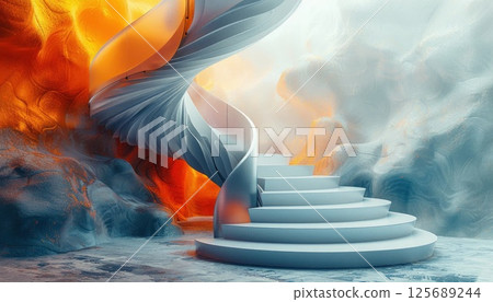 A spiral staircase ascends towards an orange fire in the electric blue sky A spiral staircase ascends towards an orange fire in the electric blue sky 125689244