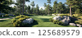A pristine golf course nestled in a forest, surrounded by tall pine trees and large granite rocks. The fairway is immaculately maintained and illuminated by bright sunlight, showcasing a peaceful 125689579