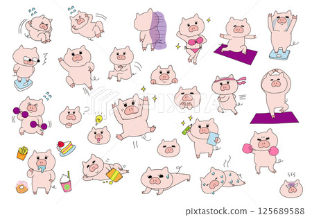 Illustration set of a pig girl trying hard on a diet Illustration set of a pig girl trying hard on a diet 125689588