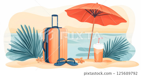 Summer beach vacation illustration with suitcase, umbrella, flip-flops, tropical drink, and palm leaves by the sea, capturing a relaxing and sunny holiday mood. 125689792