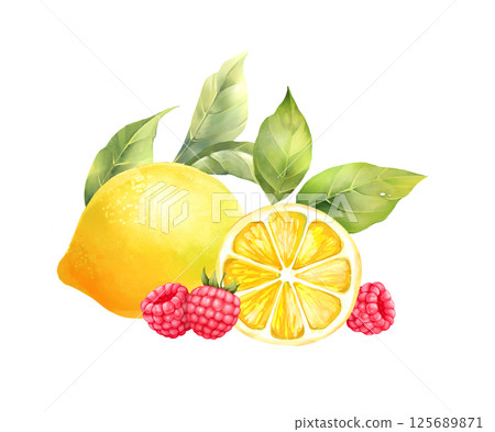 Hand-drawn illustration of a fresh lemon, raspberries, and green leaves, ideal for summer themes and healthy food concepts. Hand-drawn illustration of a fresh lemon, raspberries, and green leaves, ideal for summer themes and healthy food concepts. 125689871