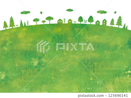 生態綠草原山城水彩畫 125690141