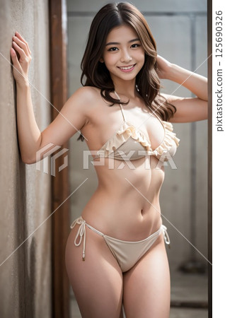 身穿米色荷葉邊比基尼的年輕女模特兒站在地下室 身穿米色荷葉邊比基尼的年輕女模特兒站在地下室 125690326