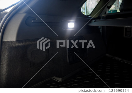 Large black empty car trunk. Open car trunk close up Large black empty car trunk. Open car trunk close up 125690354