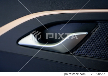 Car door with door handle and window control and adjustment button 125690554