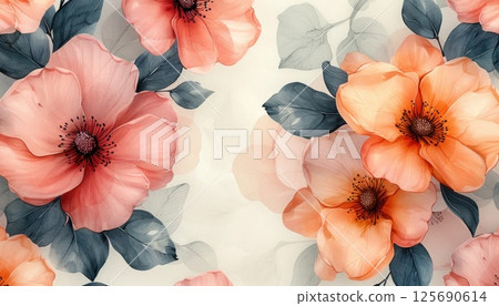 a close up of a painting of flowers on a white background 125690614