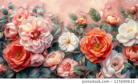 Hybrid tea rose painting on pink background, creative flower arranging 125690615