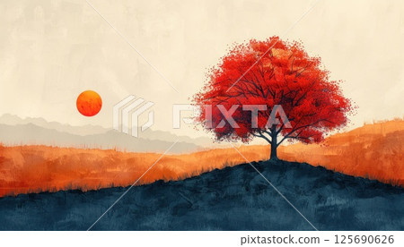 Art painting of an orange tree on a hill with the sun in the sky 125690626
