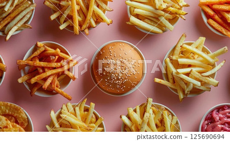 A mix of French fries and a hamburger on a pink backdrop, junk food delight A mix of French fries and a hamburger on a pink backdrop, junk food delight 125690694
