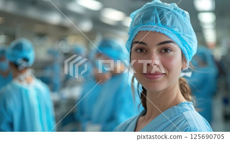 a female surgeon is standing in front of a group of surgeons in a hospital 125690705
