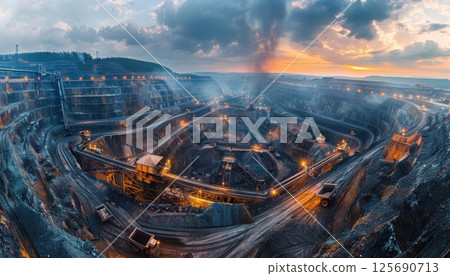 Coal mine in quarry on panoramic background Coal mine in quarry on panoramic background 125690713
