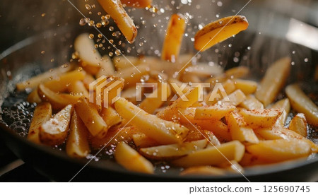 French fries cooking in a pan on a stove, a staple fried food 125690745