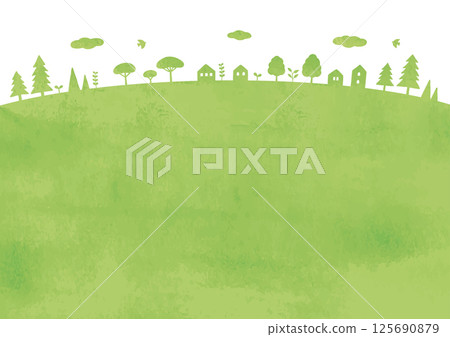 Eco green grassland hill city watercolor bright color 125690879