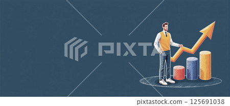 Graphic illustration of a person standing next to a block diagram, constantly growing capital and increasing profit from money deposits, success model 125691038