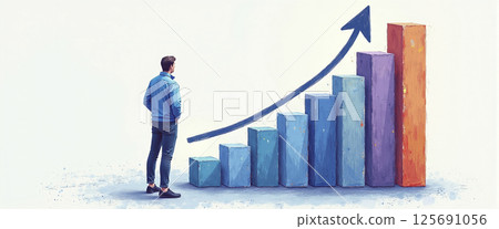 Graphic illustration of a person standing next to a block diagram, constantly growing capital and increasing profit from money deposits, success model Graphic illustration of a person standing next to a block diagram, constantly growing capital and increasing profit from money deposits, success model 125691056