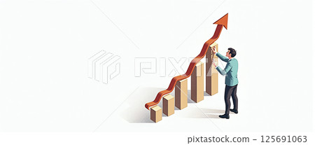Graphic illustration of a person standing next to a block diagram, constantly growing capital and increasing profit from money deposits, success model 125691063