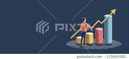 Graphic illustration of a person standing next to a block diagram, constantly growing capital and increasing profit from money deposits, success model 125691082