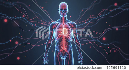 Graphic conceptual illustration of the nervous system in humans with external influences from the environment, perception via the sensory organs 125691110